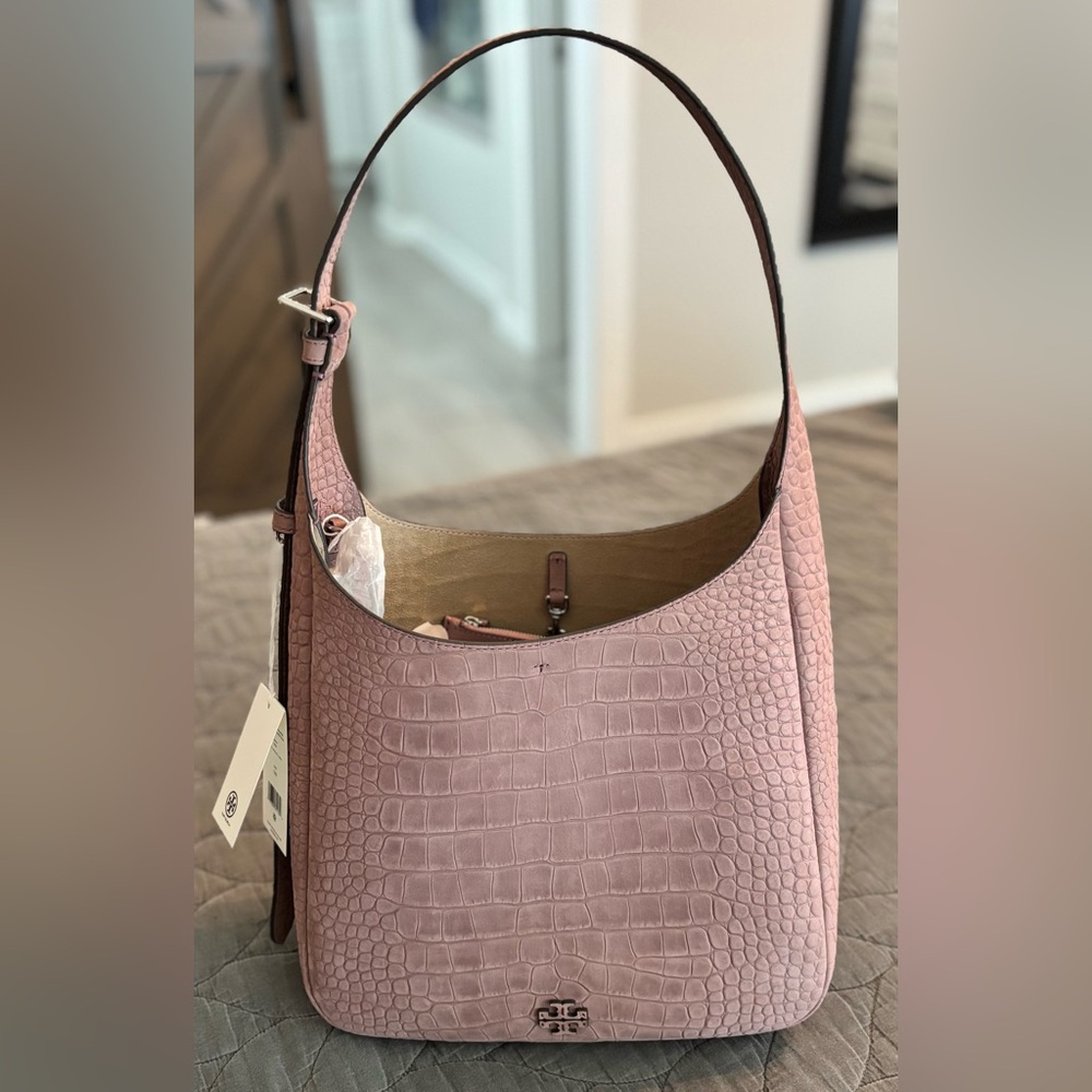NEW Tory Burch Thea Embossed Suede Slouchy Shoulder Bag - Soft Mauve - Picture 2 of 9